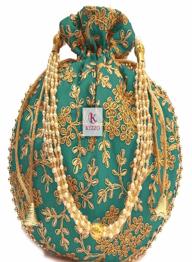 KYZZO Rajasthani Style Royal Clutch Silk Batwa Bag Wristlets Ethnic Potli For Women's Zari Work Potli Bridal Potli, Rama Green - Image 1